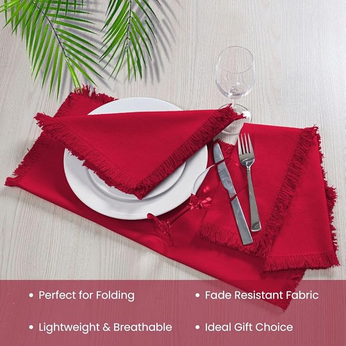 Set of 6 Dinner Napkins Fringes 100% Cotton - Soft Durable Reusable - Perfect for Dining Weddings Parties Holidays Easter Christmas and Everyday Use Table Napkins - 20x20 Inch Napkins Red