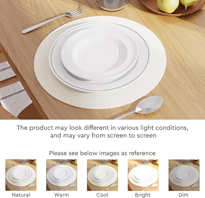 Encasa XO Dining Placemats Set of 4 | Cotton Round Table Mat - 13 in Diameter | Off White | Handmade Rib Style Chargers for Dinner Plates