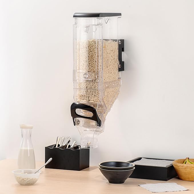 Restaurantware Cereal Dispenser 5 gal Plastic Wall-Mounted Gravity Bin Candy Dispenser Self-Serve Black Dry Food with Wall Mount Brackets for Breakfast Buffet or Hotel Use