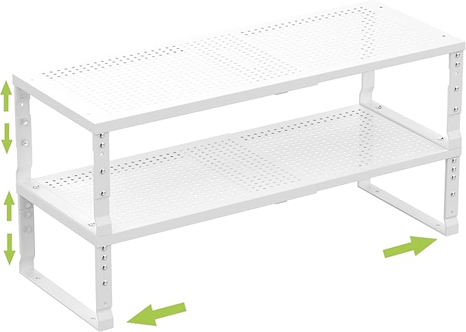 Jojocross Expandable Cabinet Shelf Organizer Storage Spice Rack Shelves for Kitchen Stackable Adjustable Pantry Cupboard Bathroom Countertop Desktop(2Packs/White/Medium-with Hole)