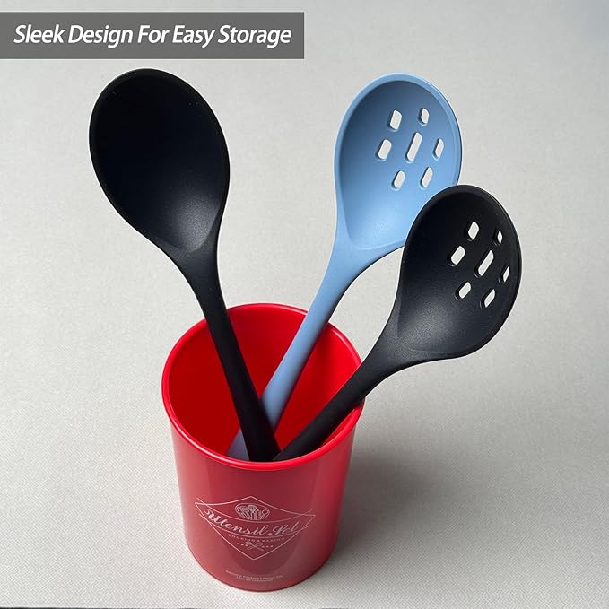 Silicone Slotted Spoons for Cooking - Extra Large Kitchen Spoons for Mixing, Serving, & Stirring - 600°F Heat-Resistant Non Stick Utensils Skimmer- Dishwasher Safe, Slotted, Black