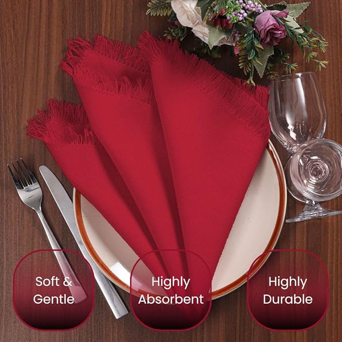 Set of 6 Dinner Napkins Fringes 100% Cotton - Soft Durable Reusable - Perfect for Dining Weddings Parties Holidays Easter Christmas and Everyday Use Table Napkins - 20x20 Inch Napkins Red