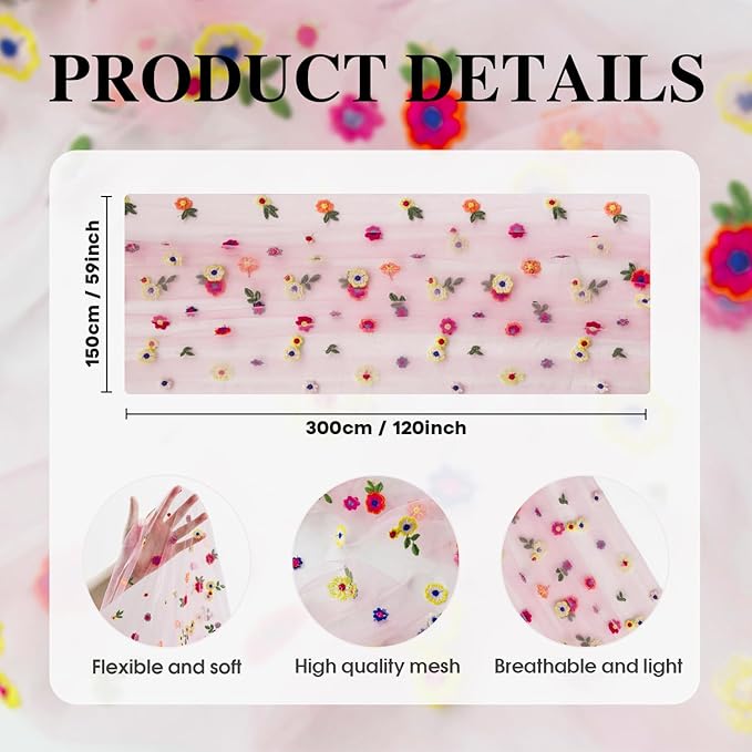 Artoid Mode Pink Embroidery Daisy Spring Gauze Table Runner 59x120 Inch 10FT, Seasonal Sheer Kitchen Dining Holiday Wedding Birthday Table Decor for Home Party