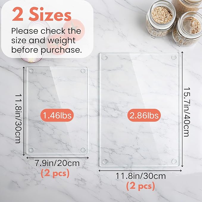 Hacaroa 4 Pack Tempered Glass Cutting Board with Rubber Feet, Rectangle Non-slip Chopping Board, Long Lasting Clear Glass Tray for Kitchen Countertop, Table, Shatter-Resistant, Heat-Resistant, 2 Size
