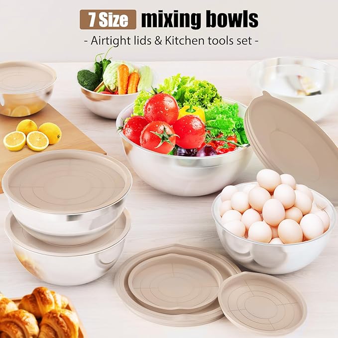 ENVTEK 7-Piece Stainless Steel Mixing Bowls Set with Lids & 3 Grater Attachments – Size 4.5, 4, 3.5, 2.1, 1.5, 1.1, 0.7QT, Kitchen Gadgets Set for Cooking, Baking, and Serving, Khaki