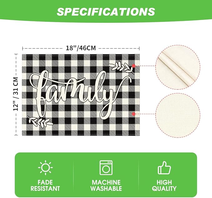 Artoid Mode Love Family Together Home Buffalo Plaid Placemats for Dining Table, 12 x 18 Inch Holiday Vintage Thanksgiving Washable Table Mat Set of 4