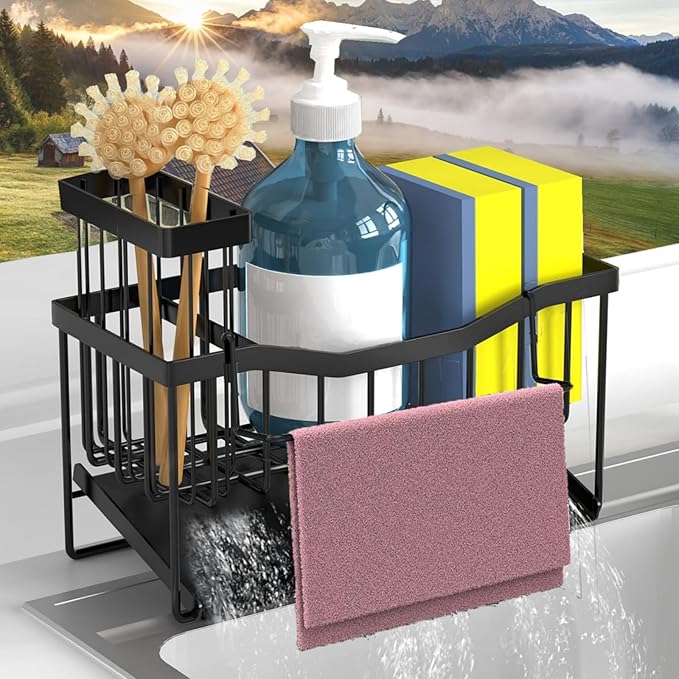 Sponge Holder for Kitchen Sink with Auto Draining Tray,Kitchen Sink Caddy Organizer with Rag Holder, Rustproof Stainless Steel Kitchen Organizers Soap Dispenser Storage Organize