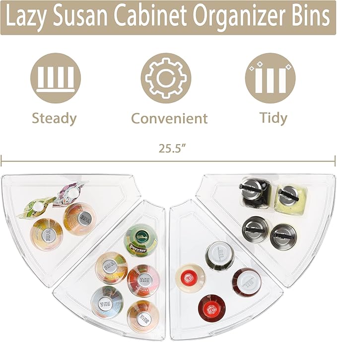 URALFA Lazy Susan Organizers Set of 4, 10"x 9.5"x 4" Corner Cabinet Organizer, Plastic Transparent Kitchen Cabinet Storage Bins with Handle, 4" Deep Container, 1/8 Wedge - Food Safe, BPA Free