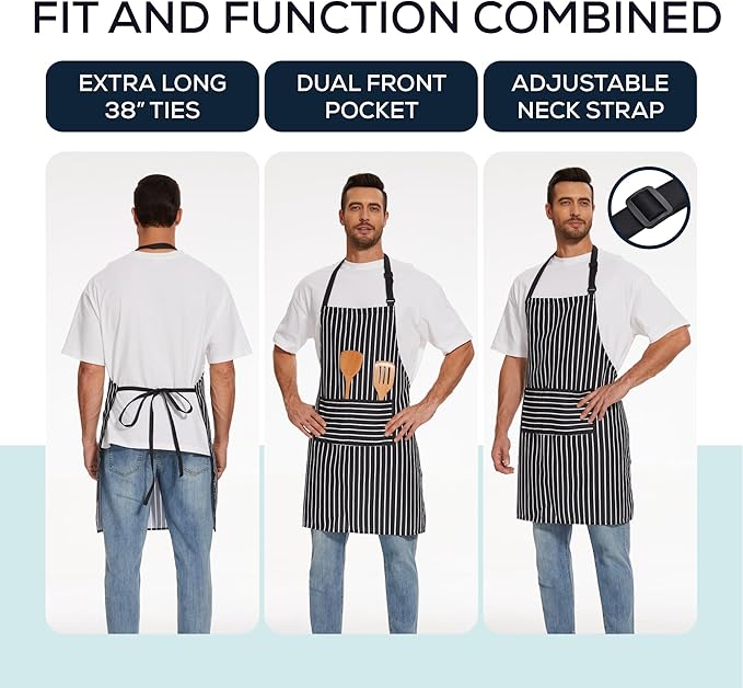 Will Well Kitchen Apron for Men and Women - 33" x 27" Oil-and-Water-Resistant with Adjustable Neck Strap and 38" Waist Ties for a Snug Fit, Lightweight with 2 Front Pockets - 6-Pack, Black