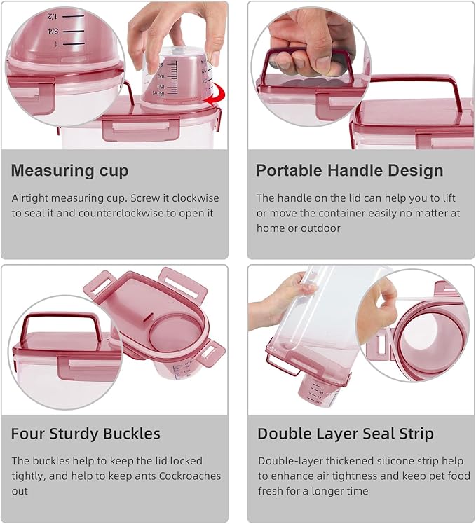 LEAWALK Airtight Small Cat Dog Pet Food Storage Containers BPA Free, with Large Pour Spout/1 Measuring Cup/ 4 Safety Locks and Double-layer Silicone Strip (Clear Pink, 3L-1pack)