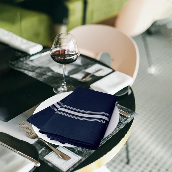 Bistro Cloth Napkins Set of 12 Pack, Dinner Stripe Napkins Cloth Washable 18 * 22 Inch, MJS Commercial Quality, Reusable Table Napkins Cloth, Non-Iron, No Fade, Navy Blue White Stripes