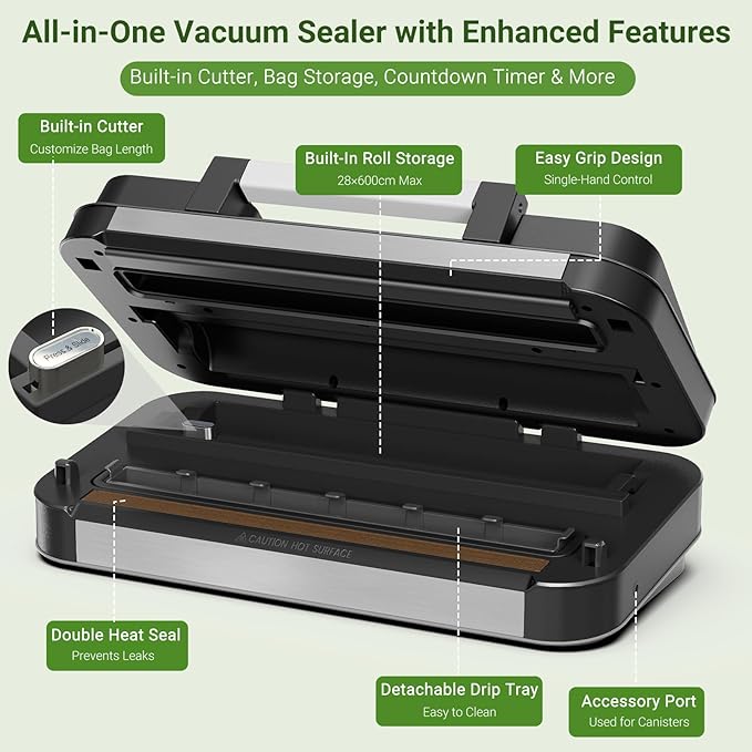 95kPa Vacuum Sealer Machine, Powerful Double Pump 10-in-1 Food Sealing System with Double Heat Seal, Built-in Cutter & Bag Storage, Easy-Lock Handle, Hose, 2 Bag Rolls, Durable Stainless Steel Design