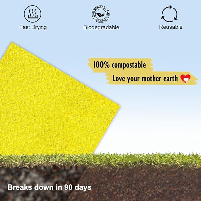 MoLKENE Swedish Dishcloths for Kitchen | 6 Pack Absorbent Cellulose Sponge Cloths Washable | Non-Scratch Reusable Paper Towels Quick Drying Cleaning Cloths - Yellow
