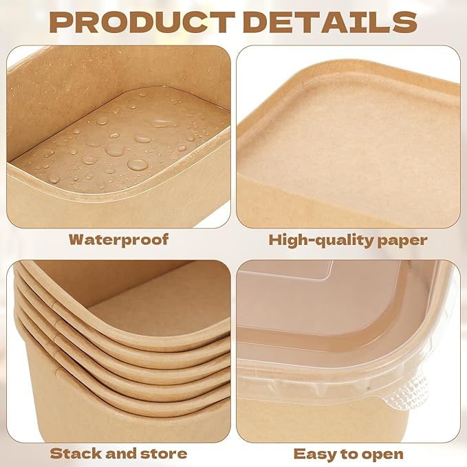 50 Pack 33oz Disposable Kraft Paper Bowls with Lids, Rectangle Meal Prep Containers Bulk, Large Paper Salad Bowl, Leakproof Food Containers Treat Soup Serving Bowls, Microwave Safe for Hot/Cold Food