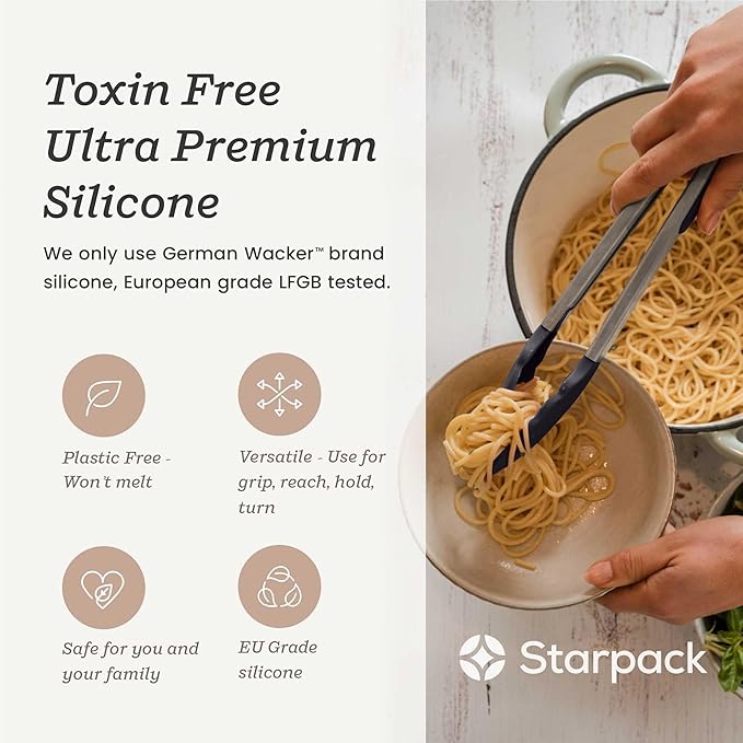 StarPack Premium Silicone Kitchen Tongs 12-Inch - Stainless Steel with Non-Stick Silicone Tips, High Heat Resistant to 600°F, For Cooking, Serving, Grill, BBQ & Salad (Stormy Grey)
