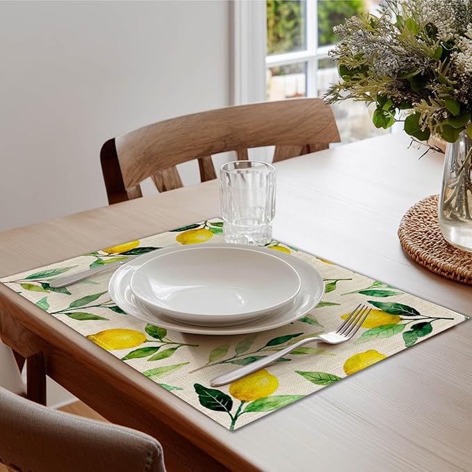 HOMETITUTE Linen Placemats Set of 4 12x18 inch Spring Table Mats for Dining Table Lemon Pattern Farmhouse Decorations Kitchen Decor Desk Mat for Outdoor Home Party Kitchen Seasonal Dining Decor