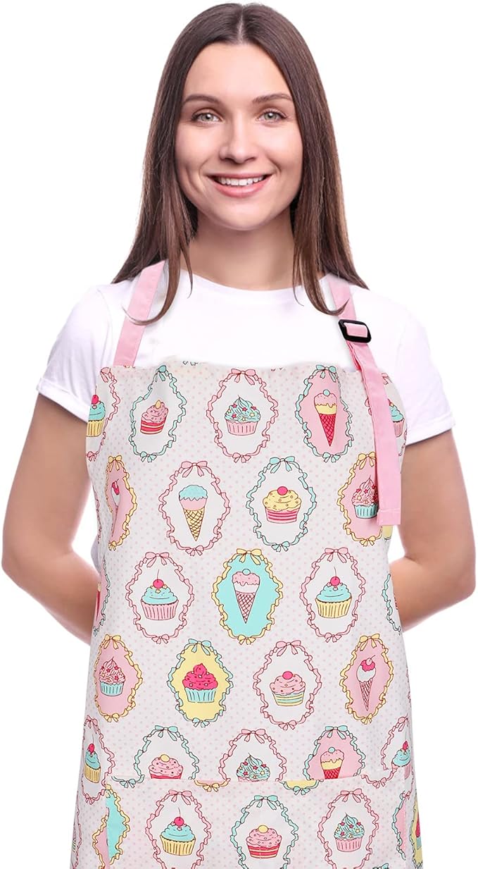 Cute Apron with 2 Pockets for Women, Adjustable Neck Strap and Long Waist Ties Cotton Cooking Baking Aprons, Use as a Kitchen and Chef Apron, Artist or Garden Aprons (Cupcake)