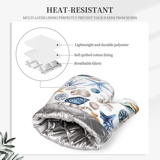 Blue Seashell Starfish Oven Mitts and Pot Holders 4 pcs Set Silicone Watercolor Shells Kitchen Oven Mitt Gloves Pot Holders Non-Slip Heat Resistant Cooking Mitts Set for Kitchen Baking