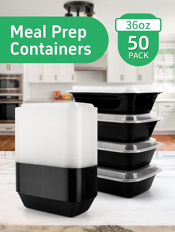 UMT Plastar Meal Prep Containers with Lids 36 oz, 50 Pack BPA-Free Food Prep Containers, Leakproof Reusable Plastic Food Storage Containers, Microwave Freezer Dishwasher Safe, To-Go Takeout Containers