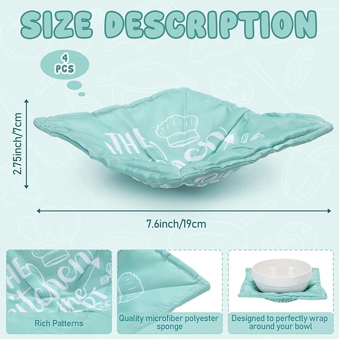 Cunhill 4 Pcs Cotton Microwave Bowl Cozy Holders for Hot Food Hot Pads Soup Bowl Potholders Heat Resistant Multipurpose Quilted Safe Holders for Kitchen Plate Supply(Turquoise,Quotes)
