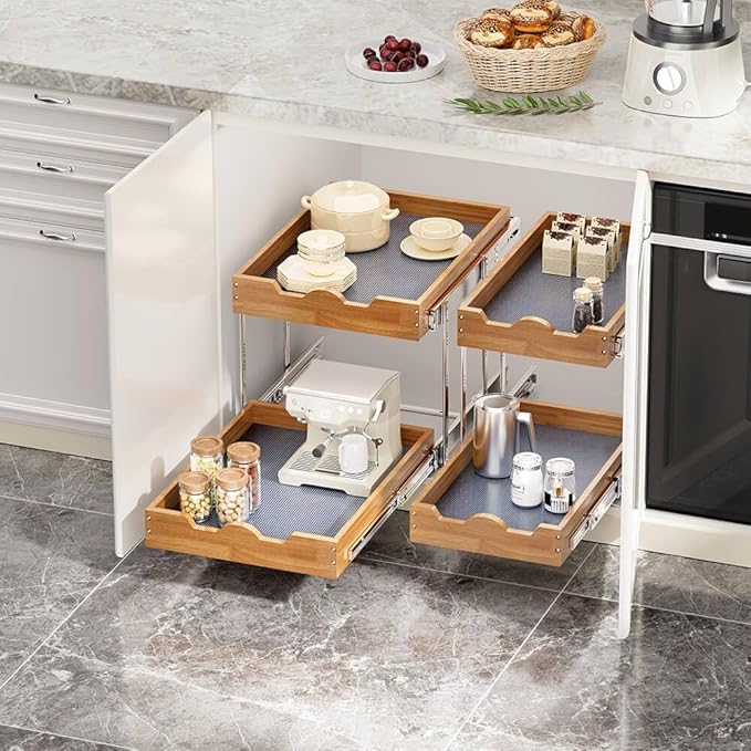 OCG 2 Tier Pull Out Drawers For Cabinets, Double Tier Slide out Wood Cabinet Organizer, Pull Out Shelves for Base Cabinet Organization in Kitchen, Pantry, Bathroom
