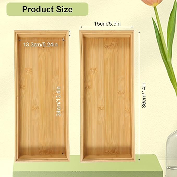 2 Pack Kitchen Drawer Organizers, 14" x 5.9" x 2" Stackable Bamboo Silverware Drawer Organizer, Bamboo Utensil Organizer for Bathroom, Dressing Room, Office, Pantry (Natural)