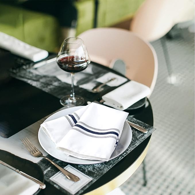Bistro Restaurant Stripe Cloth Napkins Set of 12 Pack, Commercial Quality 18 x 22 Inches, MJS Linen Dinner Napkins Cloth Washable, Non-Iron, No Fade, Soil Release, Navy Blue Stripes