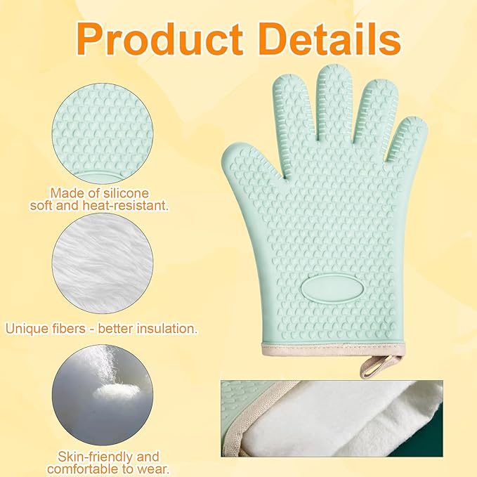 Silicone Oven Mitts, Silicone Cotton Double-Layer Oven Gloves Heat-Resistant up to 450°F for Baking, Cooking, BBQ Accessories
