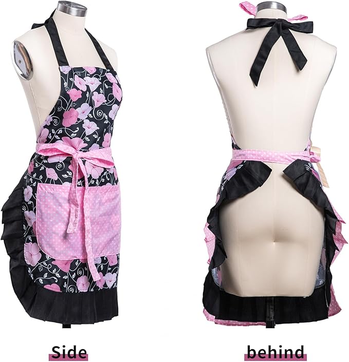 Lovely Flower Pattern Retro Aprons With Large Pockets for Women Girls Cooking Kitchen Bakery Mother's Gift