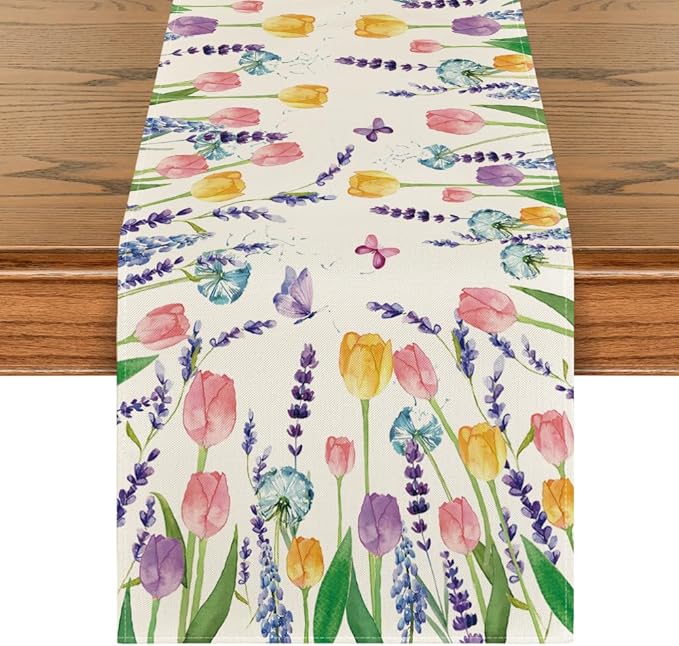 Artoid Mode Lavender Tulip Spring Placemats for Dining Table, 12 x 18 Inch Summer Seasonal Holiday Decoration Rustic Vintage Washable Table Mats Set of 4
