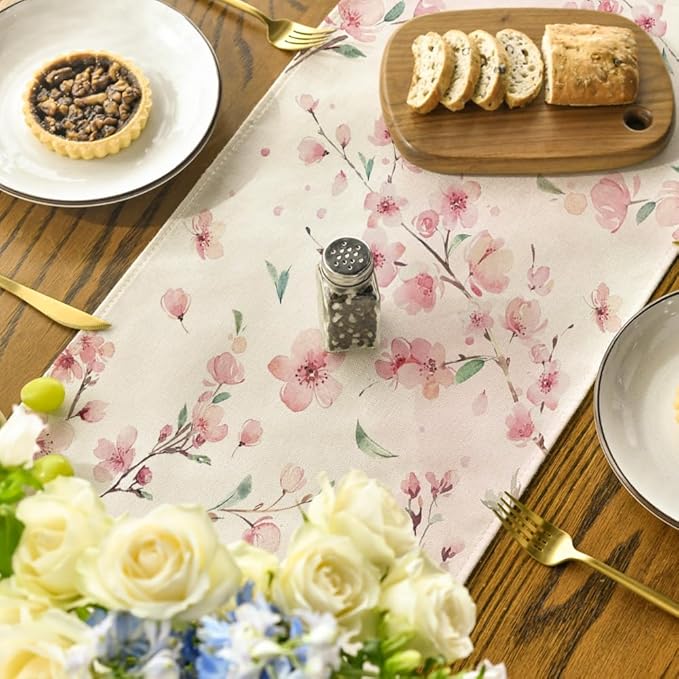 Artoid Mode Floral Cherry Blossoms Branches Summer Table Runner, Seasonal Spring Kitchen Dining Table Decoration for Home Party Decor 13x48 Inch