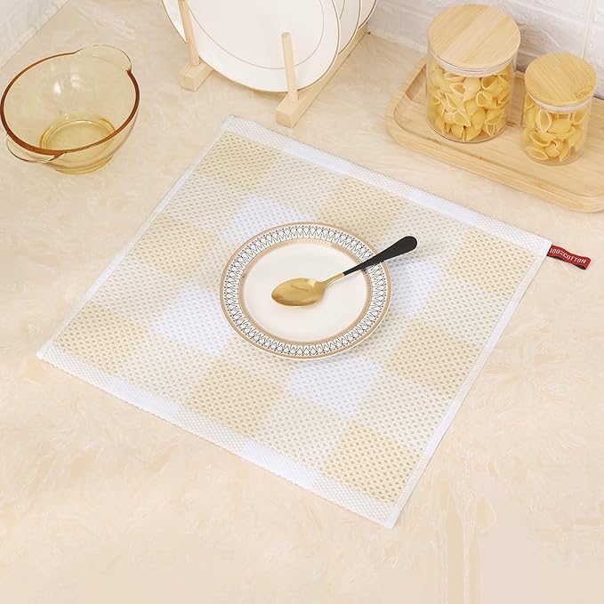 Mordimy 100% Cotton Waffle Weave Plaid Dish Cloths, 12 x 12 Inches, Super Soft and Absorbent Quick Drying Buffalo Check Dish Rags for Kitchen, 6-Pack, Beige & White
