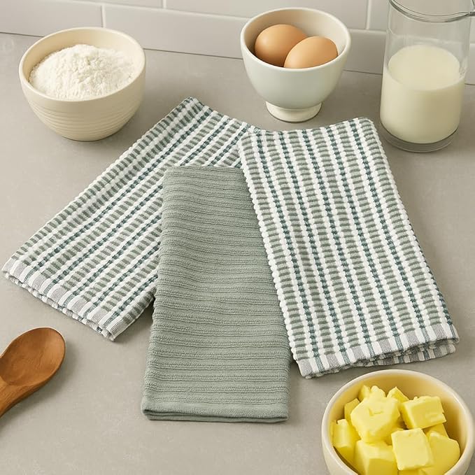 Serafina Home Sage Green Kitchen Dish Towels- Set of 3 100% Cotton Soft Cleaning Drying Absorbent Textured Terry Loop- Oversized 28" x 18" Multipurpose Towels for Everyday Use