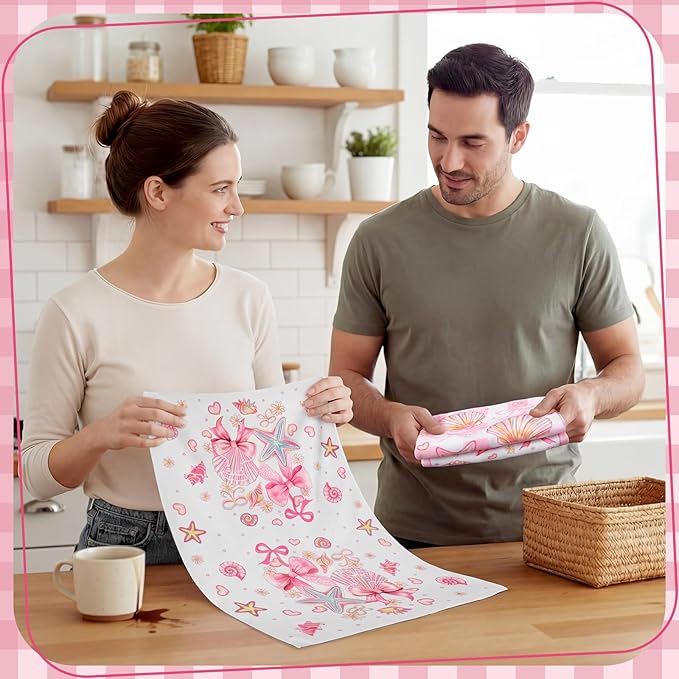 Breling Set of 6 Pink Beach Kitchen Towels Coastal Beach Dish Towel Bathroom Decorative Seashell Bow Rustic Hand Cloths for Kitchen Bathroom Home Cooking Housewarming Gifts, 14 x 21 Inch