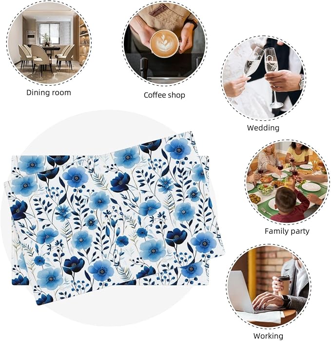 Blue Floral Watercolor Linen Placemats Set of 4, 12" x 18" Heat Resistant Washable Boho Blue Table Mats for Dining Table Kitchen Party Outdoor, Elegant Home Decor & Gift for Floral Nature Enthusiasts