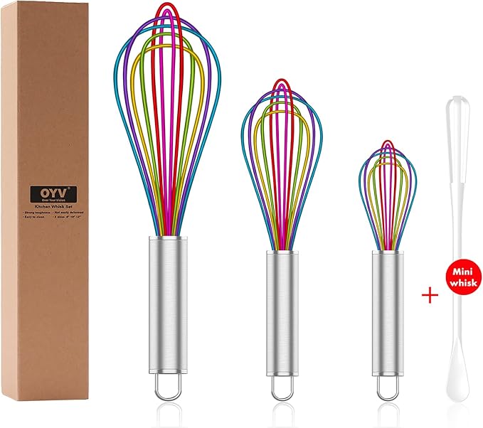 OYV Silicone Whisk,Professional Whisks For Cooking Non Scratch,Stainless Steel & Silicone Wisk,Plastic Rubber Whisk Tool For Nonstick Cookware,Silicon Wisks Set of 3,Rainbow,for Blending,Colorful.