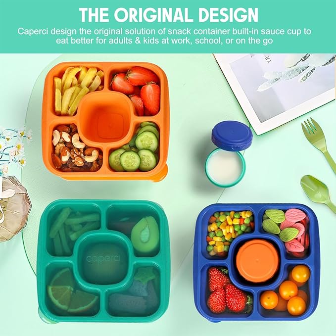 Caperci Original Lunchable Snack Containers for Kids & Adults - 5 Compartments Bento Snack Boxes with 4 Leakproof Small Containers, Wheat Straw, BPA-Free, Set of 4