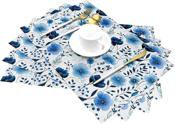 Blue Floral Watercolor Linen Placemats Set of 4, 12" x 18" Heat Resistant Washable Boho Blue Table Mats for Dining Table Kitchen Party Outdoor, Elegant Home Decor & Gift for Floral Nature Enthusiasts