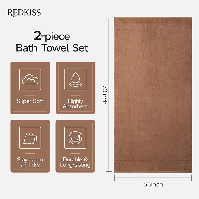 REDKISS 2 Pack 100% Cotton Thick Extra Large Bath Towels 35 X 70 Inches, Quick Dry, Ultra Soft & Highly Absorbent Brown Bathroom Towel Sets for Bathroom, Gym, Spa, Pool & Hotel