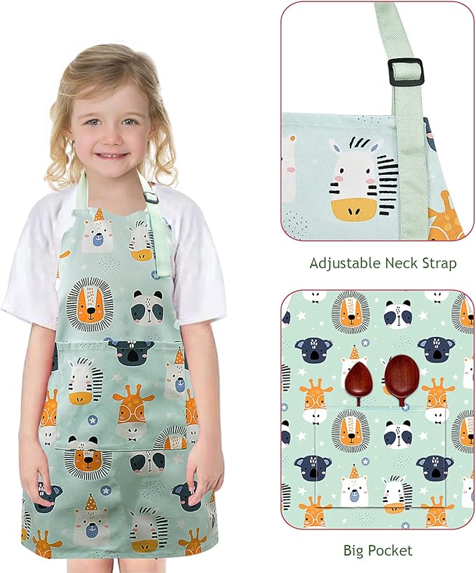 Kids Apron Adjustable Strap for Boys and Girls 100% Cotton, Toddler Chef Apron with Pocket for Kitchen Cooking