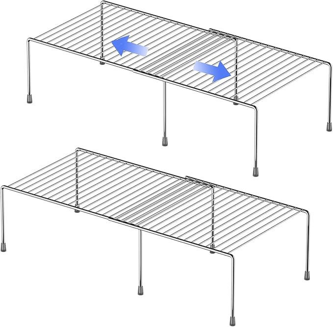 Redrubbit Cabinet Storage Shelf Rack, 4 Piece Expandable Metal Rustproof Kitchen Counter and Cabinet Shelf, Storage Rack Organizer Space Saver for Kitchen, Fridge, Cabinet, Bathroom, Chrome, Set of 2