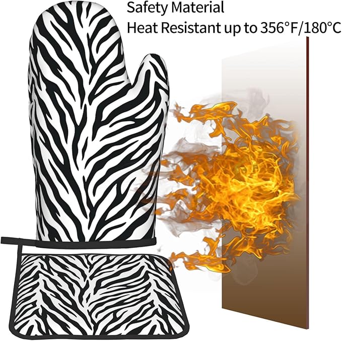 Zebra Stripe Oven Mitts and Pot Holders White Background Heat Resistant Oven Mitts Safe for Baking Cooking BBQ