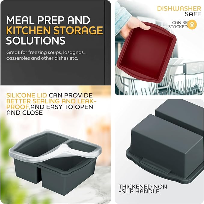 ZIP STANDING Silicone Freezer Trays with Lids, Set of 4 - with 1cup and 2 cup Silicone Freezer Molds for freezing soups, sauces and individual microwave safe