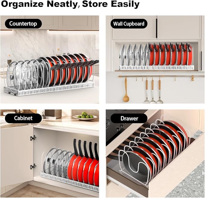 Housolution 2 Pack Pot and Pan Organizer with 14 Adjustable Dividers, 12"-23" Expandable Food Container Lid organizer Compatible with Tupperware, Pan Lid Holder Storage Rack for Cabinet, White