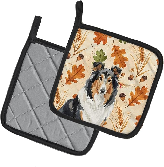 Caroline's Treasures Tricolor Collie Heirloom Fall Pair of Pot Holders Pair 7.5x7.5 Quilted Insulated Hot Pads Decorative Kitchen Gift Made in USA