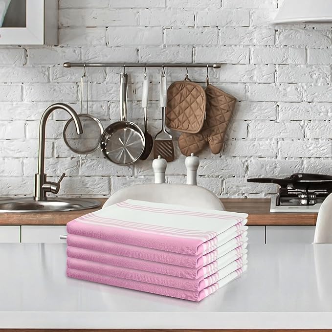 Urban Villa Kitchen Towels 100% Cotton Pack of 3, Highly Absorbent Quick Drying Super Soft Premium Dish Towels for Kitchen with Hanging Loop Hand & Tea Towels - 20x30 Inch, (Pink & White, Striped)