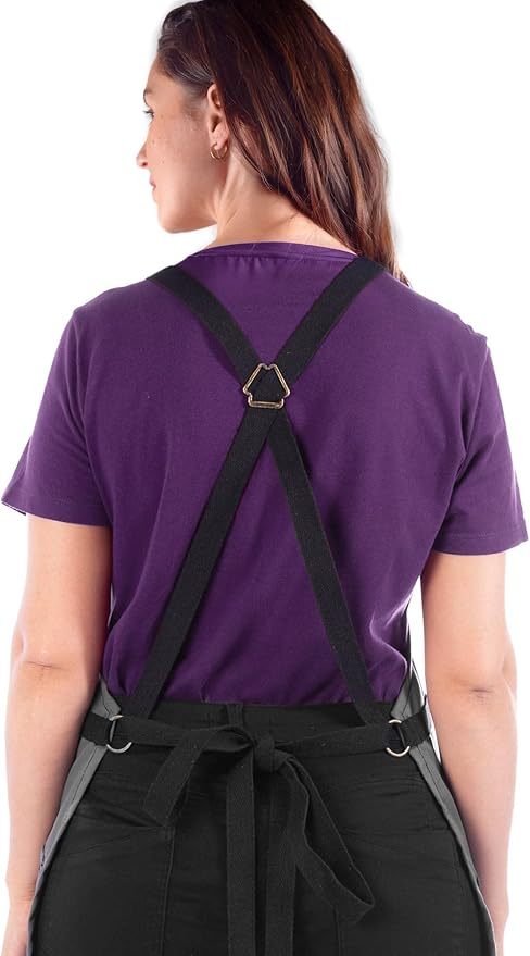 Under NY Sky Essential Armor Gray Apron – Cross-Back with Durable Twill and Leather Reinforcement – Adjustable for Men and Women – Pro Chef, Tattoo Artist, Baker, Barista, Bartender, Server Aprons