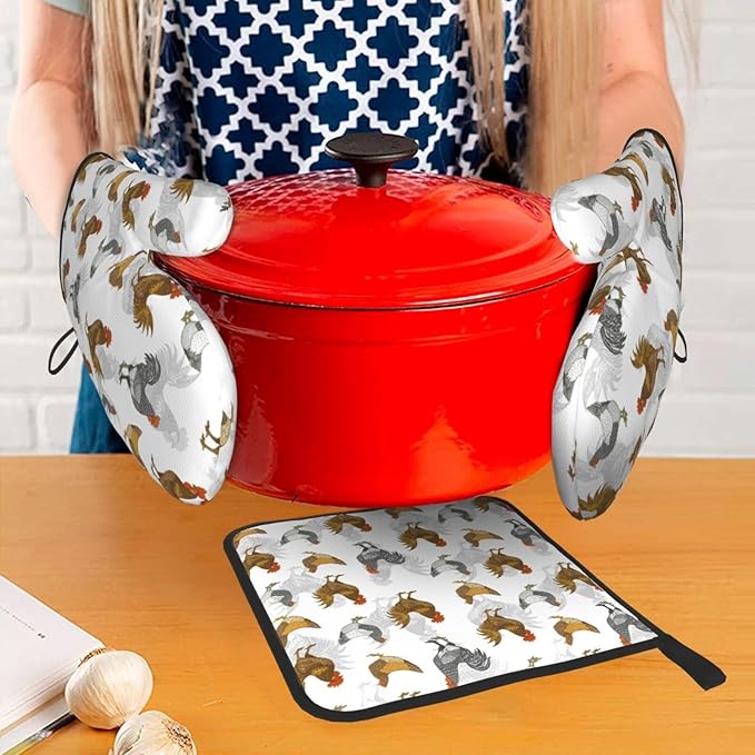 Roosters Chichen Oven Mitts Heat Resistant, Rustic Farmhouse Pot Holders and Oven Gloves Set for Kitchen Decor, Baking Gloves Hot Pads for Cooking Grilling BBQ Sets, Chicken Gifts for Women