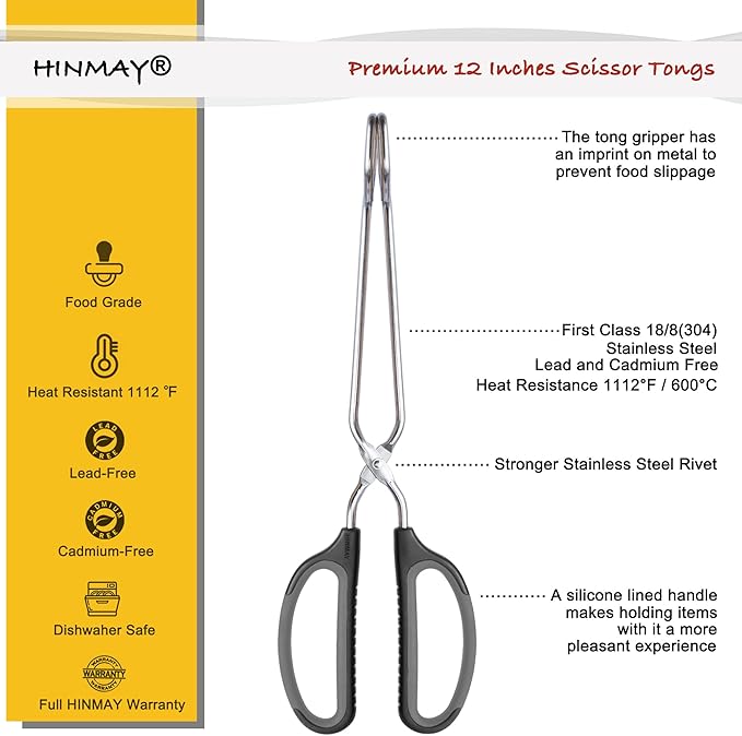 HINMAY Scissor Tongs with Comfort-Grip Handle 12-Inch Cooking Tongs (Black Handle)