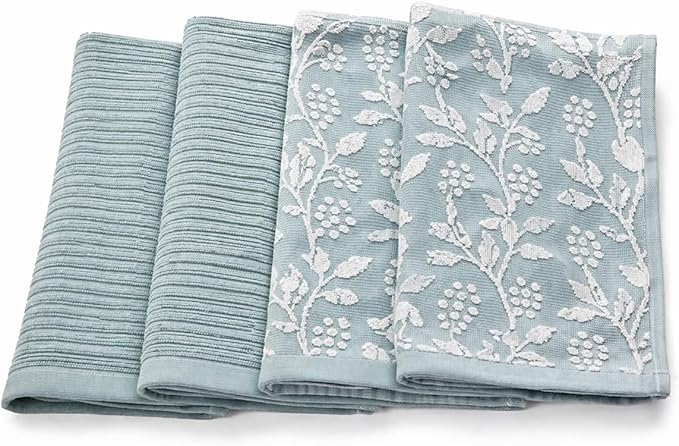 MosJos Kitchen Towels, Cotton Hand Towels, Blue and White Floral Vine Ribbed Hand Drying Cloth Set of 4 Absorbent Hand Towels, 18 x 28 Kitchen Linens